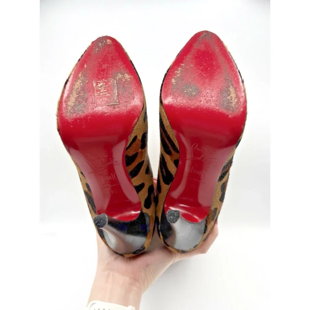 Christian Louboutin Cheetah Print Pony Hair Knee High Platform Boots Size EU 35